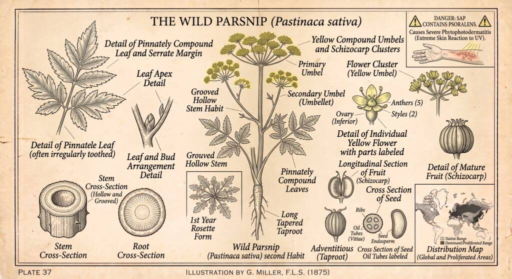 Wild Parsnip (Pastinaca sativa) Herbicide: 2,4-D, Dicamba (selective broadleaf), or Glyphosate (round-up) (non-selective). Window: Early spring (late April through May) targeting first- or second-year basal rosettes, or late summer into autumn (late August through October) targeting emergent rosettes. Application must terminate before flower umbels set seed. Method: Spot foliar spray directed strictly onto basal foliage.