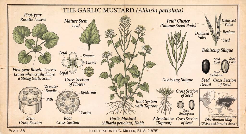 Garlic Mustard (Alliaria petiolata) Herbicide: Glyphosate (round-up). Window: Early spring (March to mid-April) prior to native ephemerals emerging and before bolt extension, or late autumn (October to November) onto basal rosettes after native deciduous foliage has senesced. Method: Low-concentration selective foliar spray applied directly to rosette clusters.