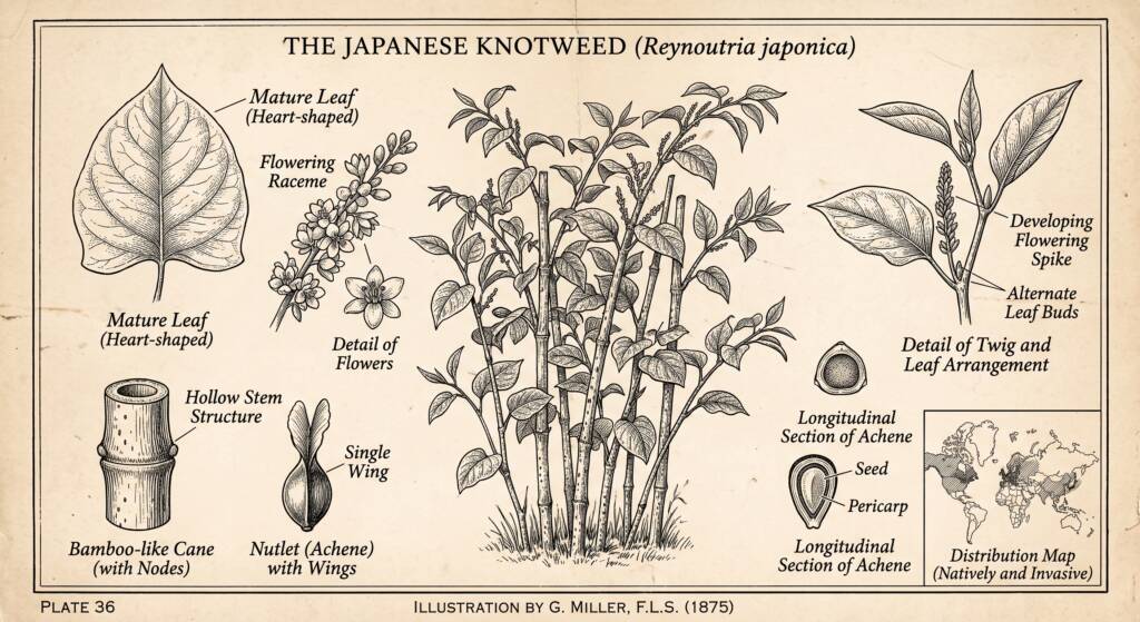 Japanese Knotweed (Reynoutria japonica)Herbicide: Glyphosate (round-up) or Triclopyr.Window: Late summer through early autumn (July to September), subsequent to full flowering and prior to early senescence.Method: Concentrated stem injection into the first or second hollow internode above the root crown or foliar spray on vegetative regrowth following an early-season cut.