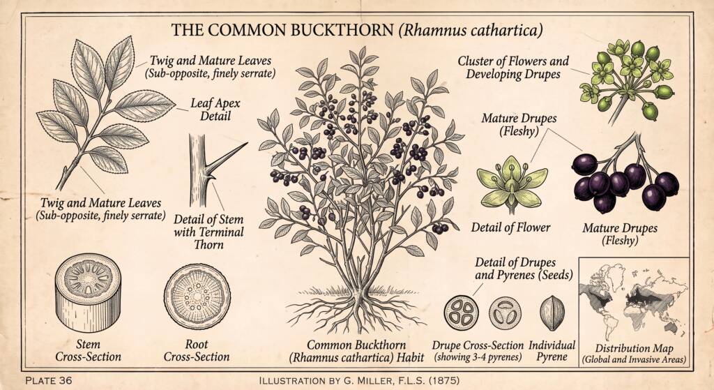 Common Buckthorn (Rhamnus cathartica)Herbicide: Triclopyr (Garlon) (ester formulation in oil for basal bark; amine or ester for cut-stump) or Glyphosate (round-up) (cut-stump).Window: Late summer through late autumn (July to November). Treatments must avoid the spring sap-push window, which hydrostatically expels systemic chemicals from cut xylem.Method: Immediate cut-stump treatment directed to the cambial margin, or low-volume basal bark application on stems.