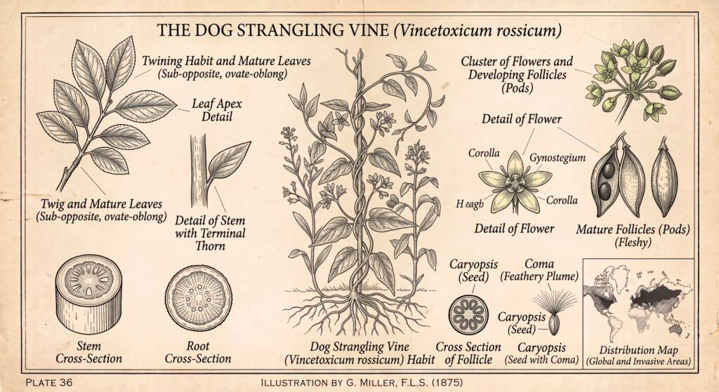 Dog-strangling Vine (Vincetoxicum rossicum) Herbicide: Glyphosate (round-up) or Triclopyr (Garlon). Window: Mid-June through late August, during active flowering and initial follicle (seed pod) elongation before seed maturation. Method: Targeted foliar spray incorporating an approved surfactant, or stem cut-and-wipe.