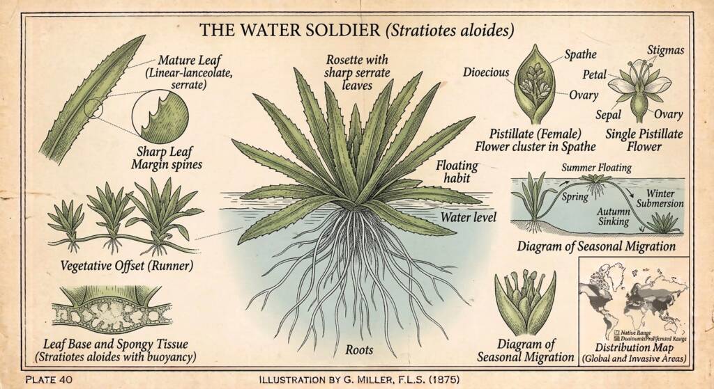 Water Soldier (Stratiotes aloides) Herbicide: Diquat. Note: Glyphosate (round-up) is ineffective and non-registered for submersed rosette management. Window: Late summer to early autumn (late August through October) during the emergent/floating phase prior to seasonal senescence and winter submersion. Method: Spot or broad-scale aquatic surface injection conducted under provincial control programs.